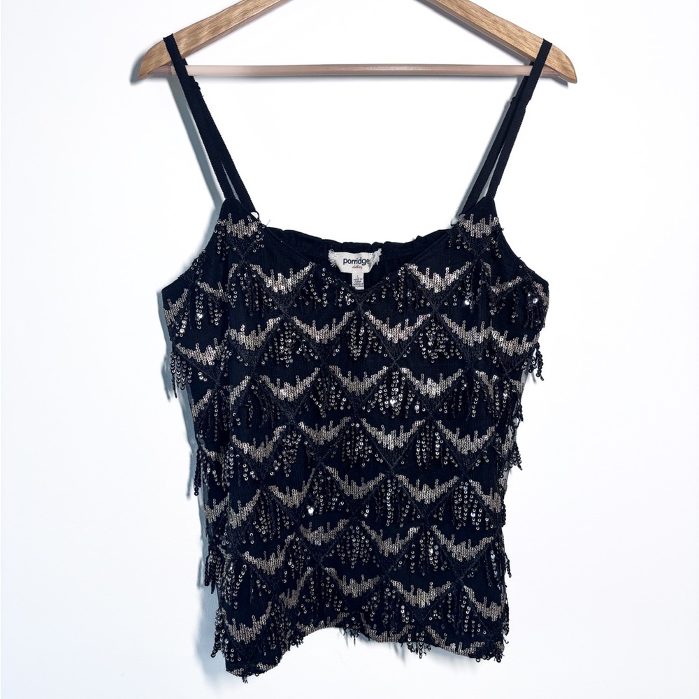 Anthropologie Porridge Black Gold Sequined Fringe V-Neck Tank Top Size Large NWT - Picture 2 of 9